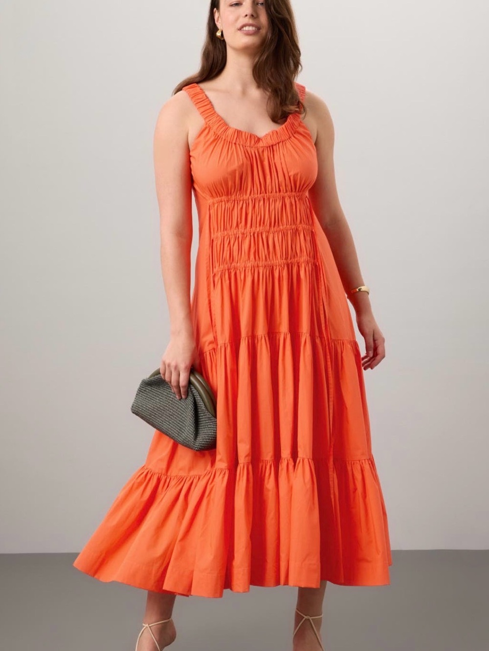 Smocked Tiered Midi Dress in Orange